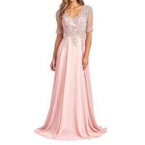 NEW GLS COLLECTIVE embroidery chiffon v-neckline dress in dusty rose